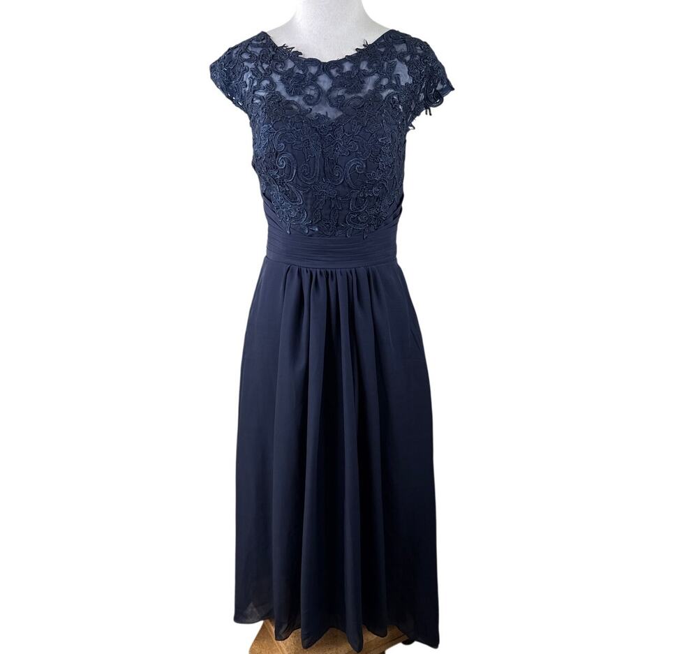 SU Dress Navy Blue Lace Chiffon Bridesmaid Prom Evening Gown NWT Size 6